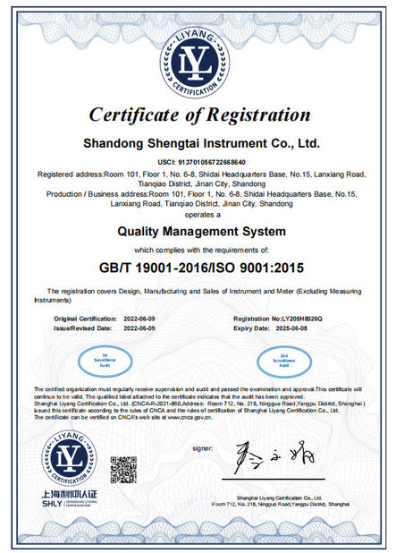China Shandong Shengtai instrument co.,ltd Certificações